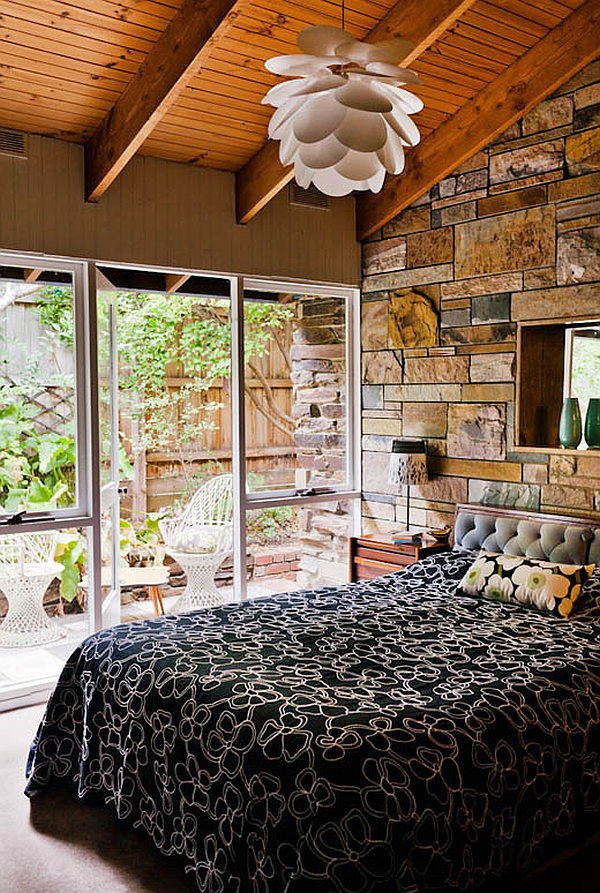 Melbourne vintage house 9 - master bedroom with stone walls and courtyard view