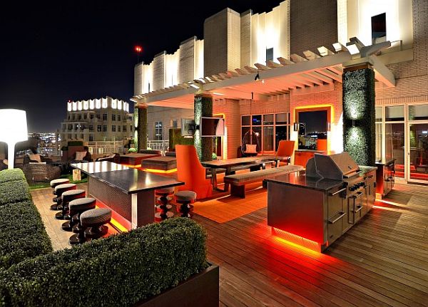 Modern Rooftop Garden with Island-bar table and red lighting