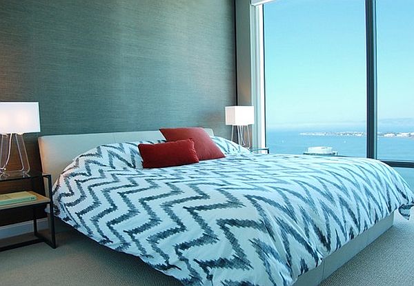 Modern bedroom with grasscloth wallpaper