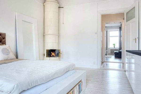 One Bedroom Apartment Stockholm 7 - white bedroom design with fireplace