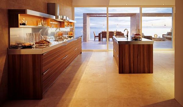 Teak wood contemporary kitchen with box shelving units