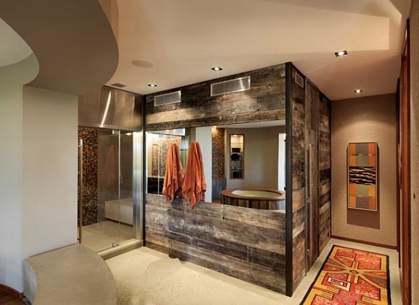 Wood panel wall for bathroom exterior