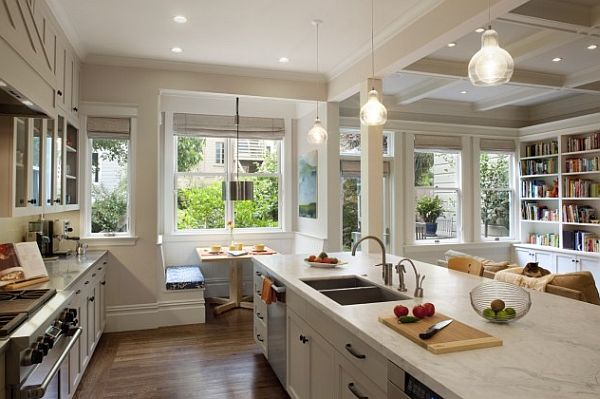 awesome breakfast nook in contemporary white kitchen decor