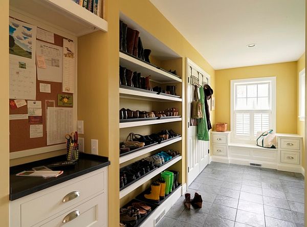 awesome mudroom design with shoe racks and clothes hangers