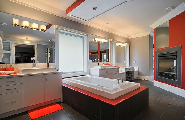 bathroom with fireplace and lots of orange accents