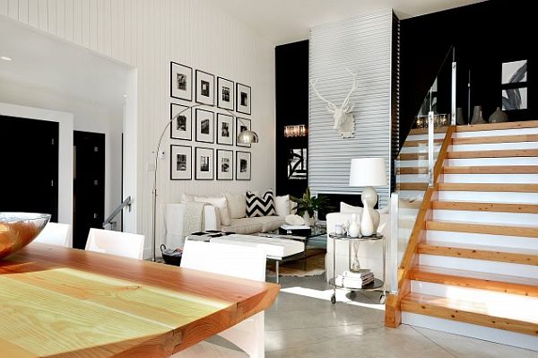 black and white interior walls with traditional wooden furniture