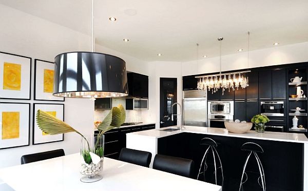 black and white kitchen design with yellow wall art