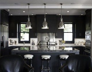 black and white kitchen with minimalist lighting
