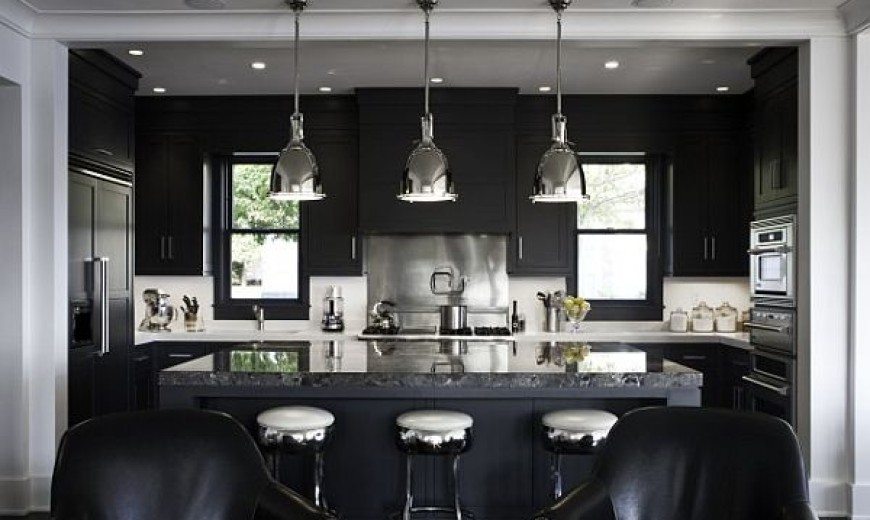 black and white kitchen with minimalist lighting