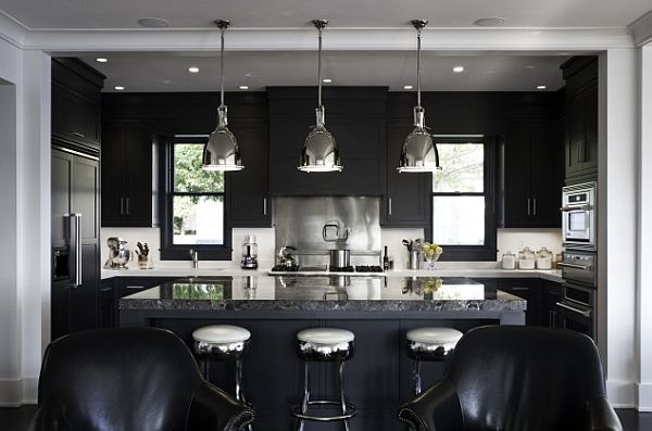 black and white kitchen with minimalist lighting