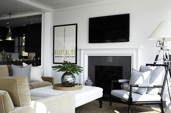 black and white living room decor with green accents