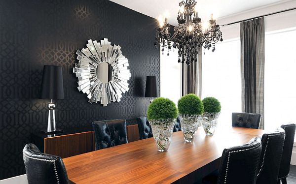 black wall art for contemporary dining room with modern table and leather chairs