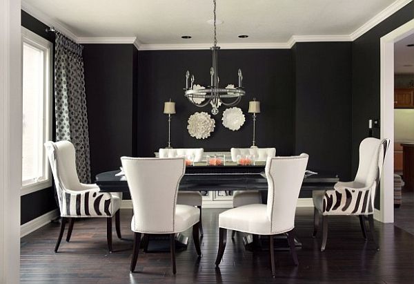 black white and grey living room decor with striped chairs and large dining table