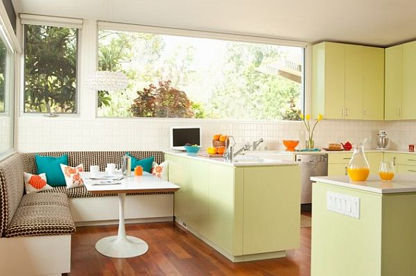 bright green kitchen decor with colorful pillows breakfast nook