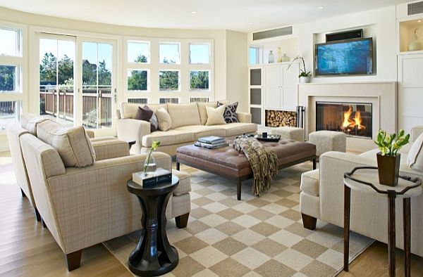 checkered rug in modern living room