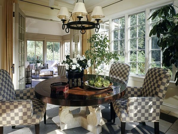 checkered upholestry chairs in dining area