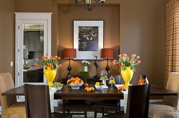 colorful-dining-table-in-a-brown-themed-dining-room