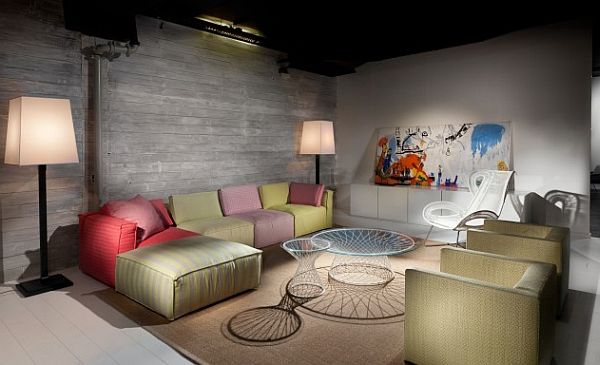 colorful linvin room couch in industrial home bedroom