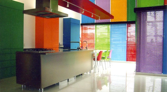 colorful modern kitchen with rainbow blinds