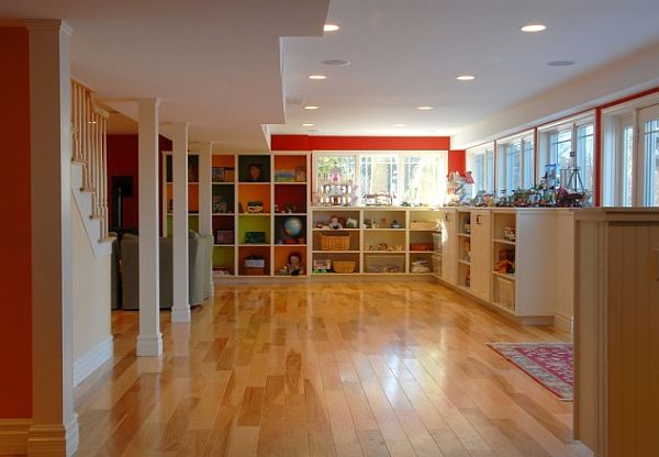 contemporary basement design with large box shelving unit on the walls