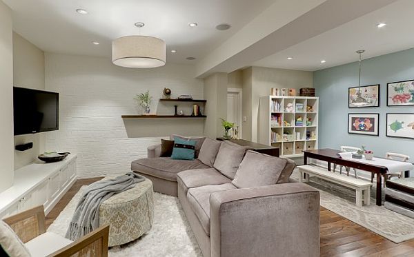 contemporary basement redesign with fancy furnishings