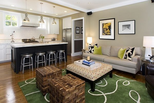 contemporary family room with kitchen island and bar stools