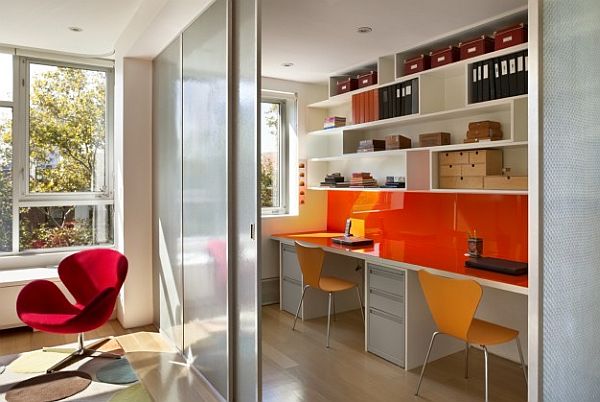 contemporary home office in new york with box shelving and posh furniture