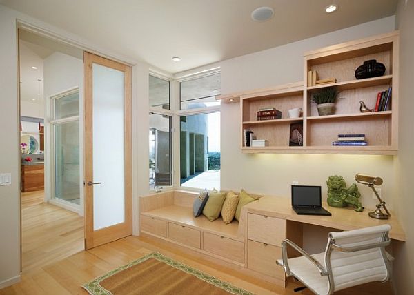 contemporary home office with reading nook and desk - los angeles