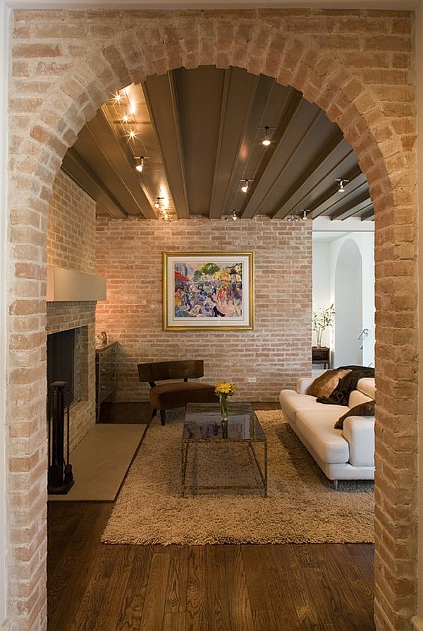 contemporary house with exposed brick walls