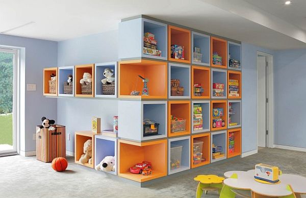 contemporary kids bedroom with colorful box shelves