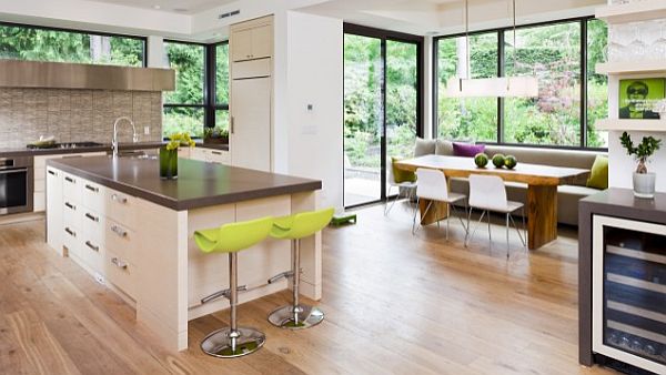 contemporary kitchen design with wooden flooring and breakfast nook