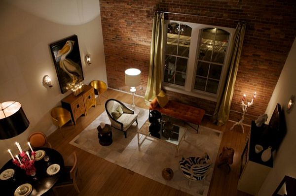 contemporary living room with exposed brick walls