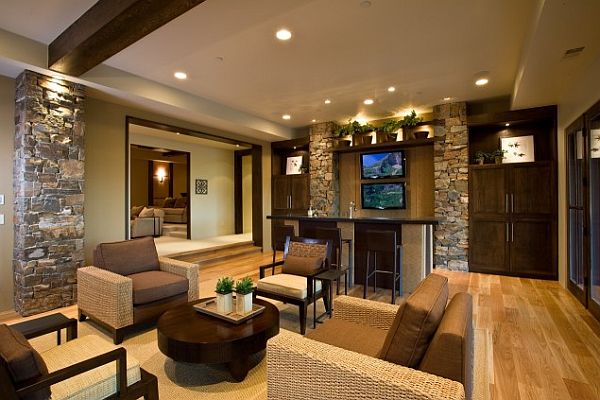 contemporary living room with fieldstone tiles walls