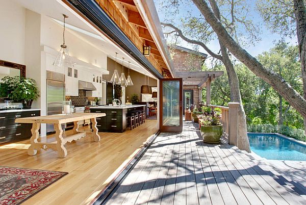 contemporary patio design with wood deck