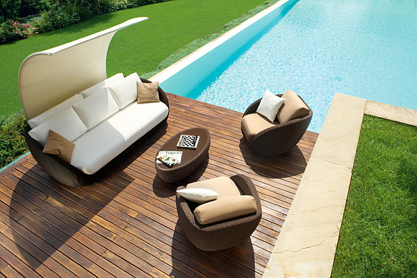 contemporary patio furniture at the pool - cream & brown