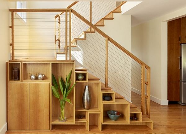 contemporary staircase designwith box shelving storage options