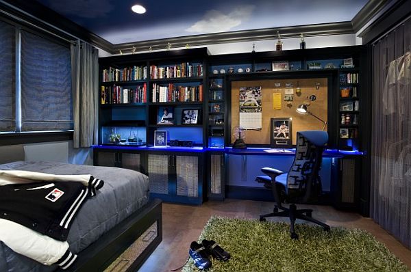 contemporary teens boy bedroom with beautiful bookcase & study desk