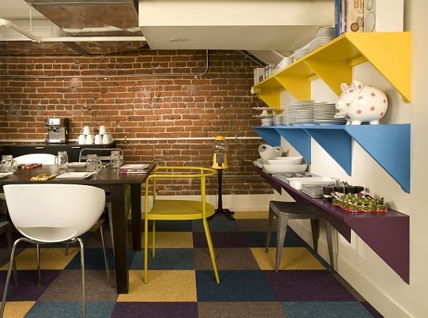 dining room design with colorful checkered rug