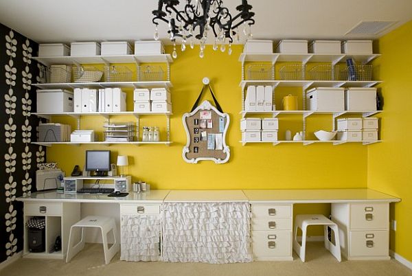 eclectic home office design with wall box shelves