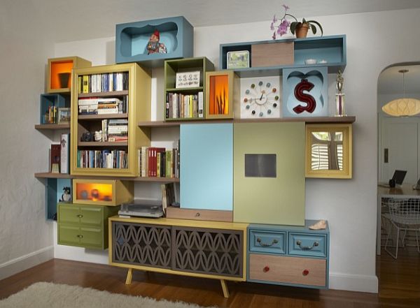 eclectic living room bookcase