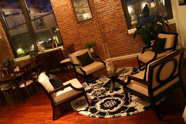 elegant living room with exposed brick walls