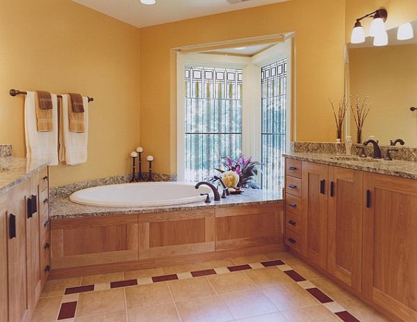 ensuite bathroom design with art glass windows