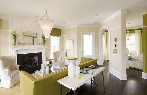 green and white contemporary living room with dark flooring