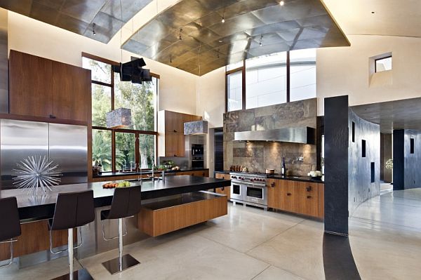 high ceiling contemporary kitchen