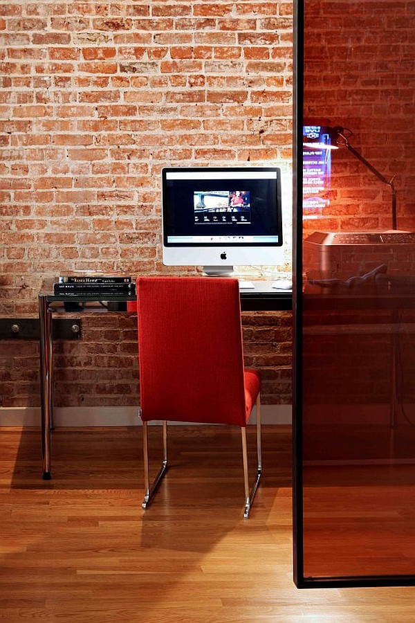 home office design with exposed brick walls