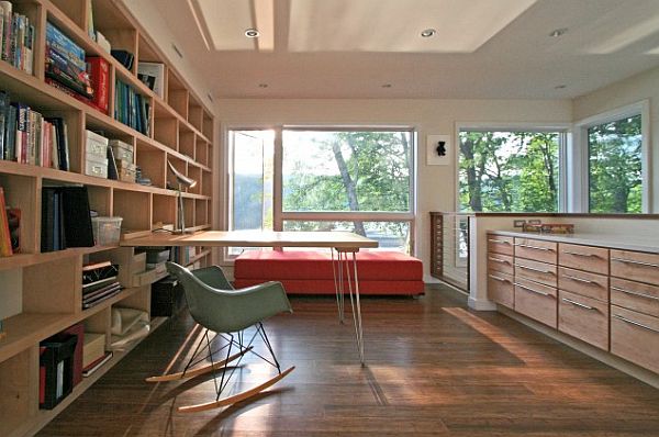 interior modern home office with large contemporary box shelves