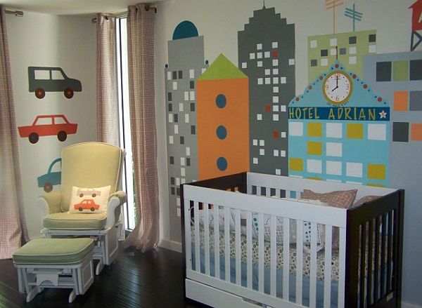 kids room with cityscape wallpaper