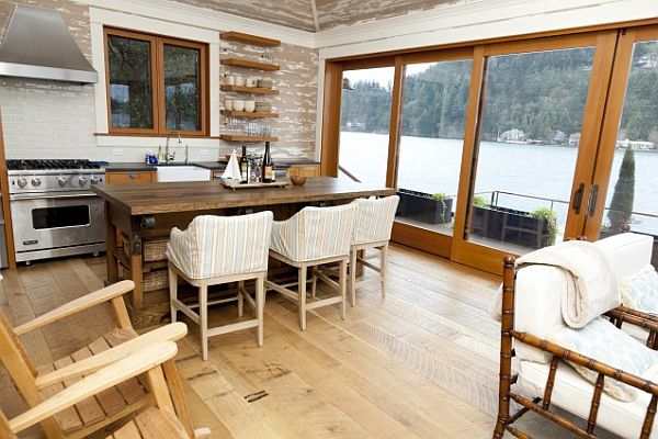 kitchen island with slip covered table chairs