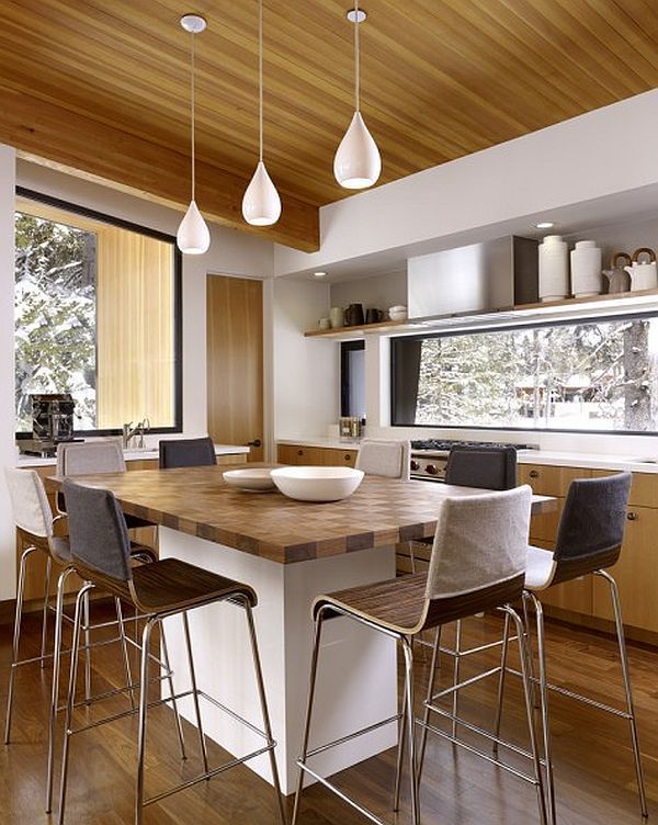 kitchen with checkered patterns wooden table