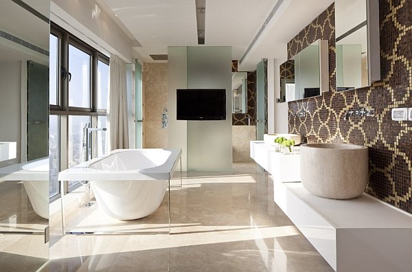 large minimalist bathroom design with brown tiles